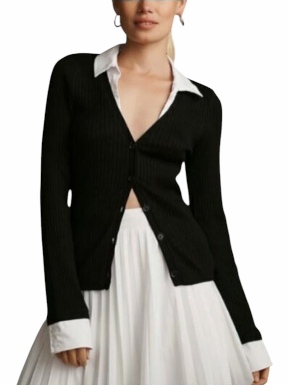 Maeve Anthropologie Twofer Black Ribbed Cardigan White Collared Shirt Top XS
